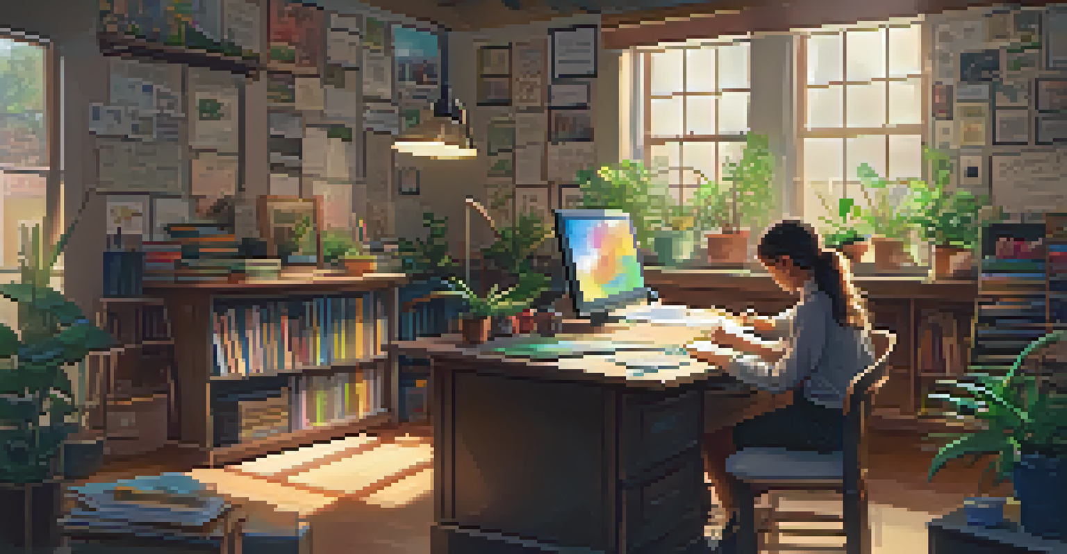 A teacher at a desk working on creative projects in a cozy classroom corner with plants and artwork.