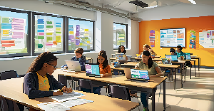 A vibrant classroom with students using laptops for interactive online assessments, displaying a sense of engagement and collaboration.
