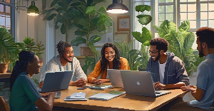 A diverse group of people having a respectful conversation around a large table with laptops, smiling and engaging in a cozy environment.