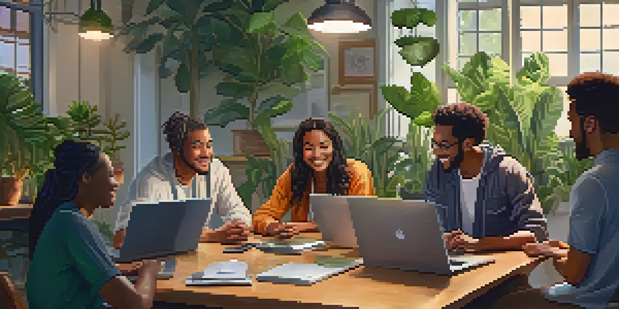 A diverse group of people having a respectful conversation around a large table with laptops, smiling and engaging in a cozy environment.