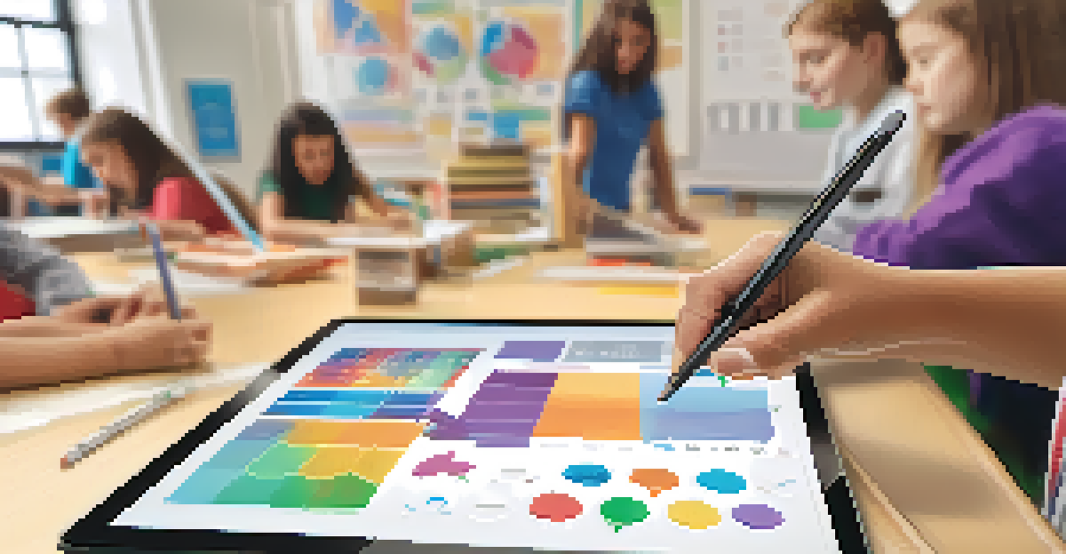 A close-up of a teacher's hand using a digital tablet in a STEM classroom, with students engaged in learning and colorful educational materials in the background.