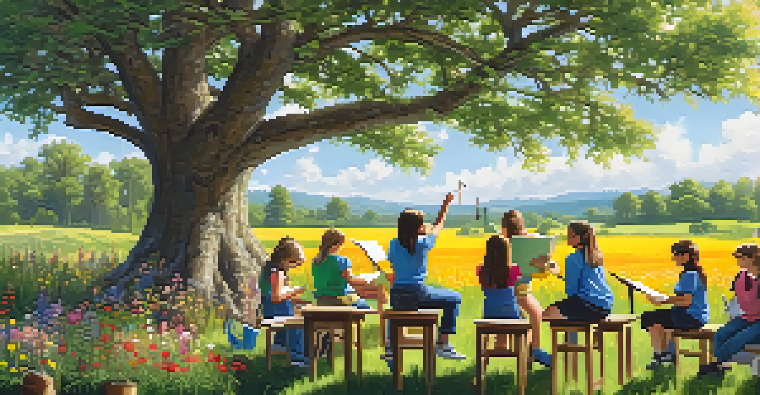 Students measuring a tall tree in an outdoor classroom, surrounded by colorful wildflowers under a sunny sky.