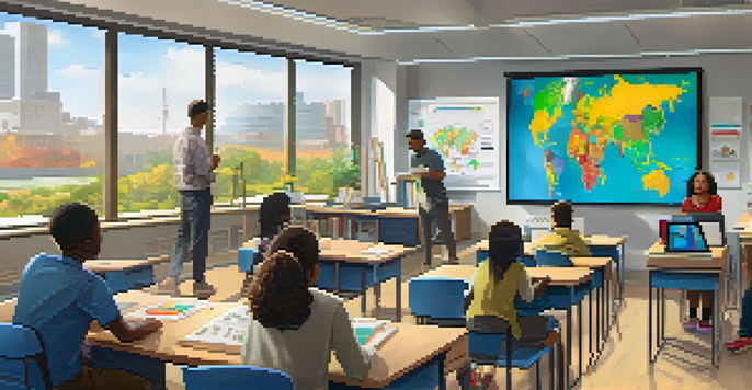 A modern classroom with students using laptops and interactive displays, while a teacher leads a discussion.