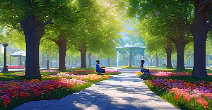 A person in a VR headset sitting on a bench in a peaceful park, surrounded by greenery and flowers, with sunlight filtering through the trees.