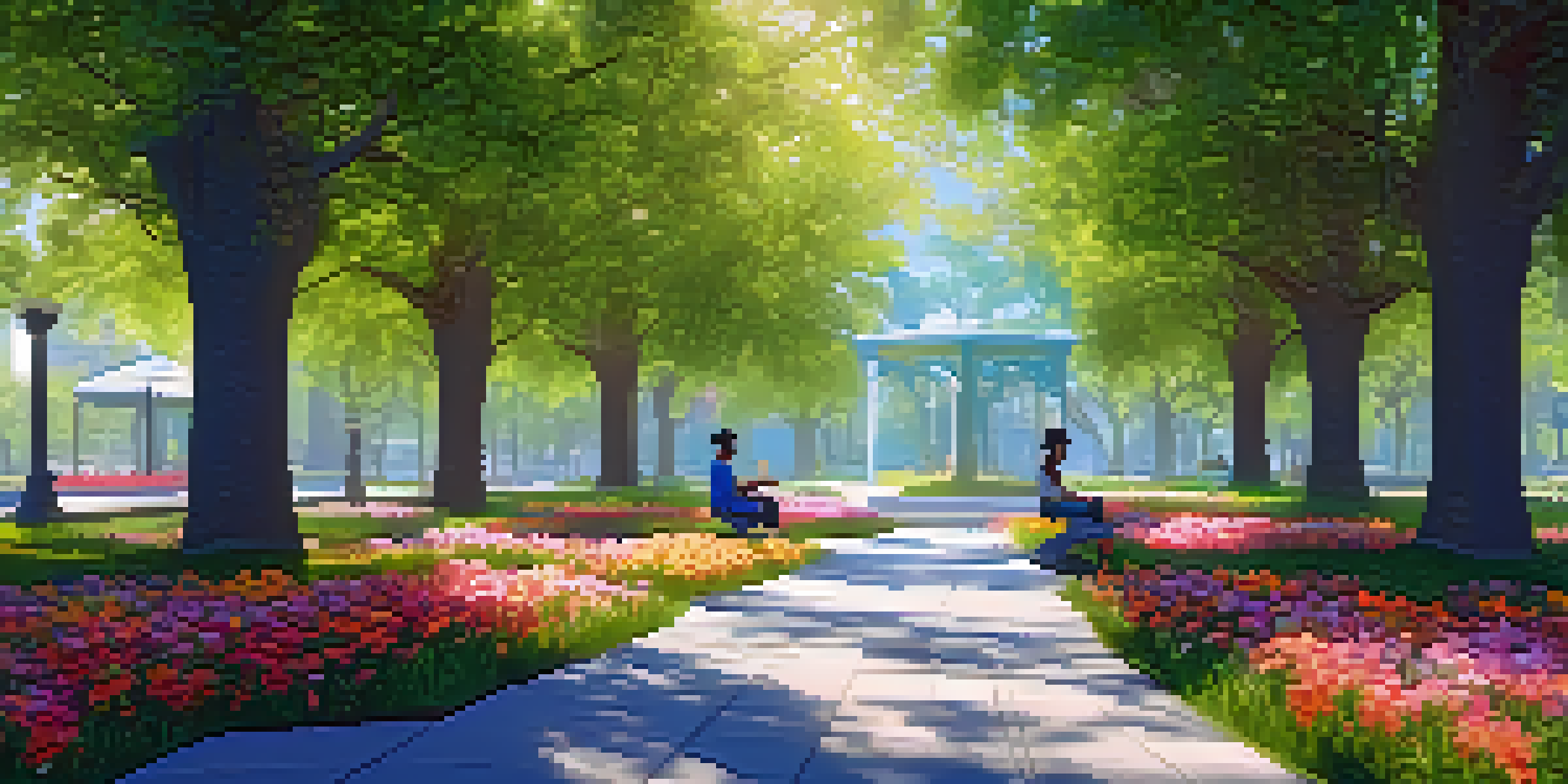 A person in a VR headset sitting on a bench in a peaceful park, surrounded by greenery and flowers, with sunlight filtering through the trees.