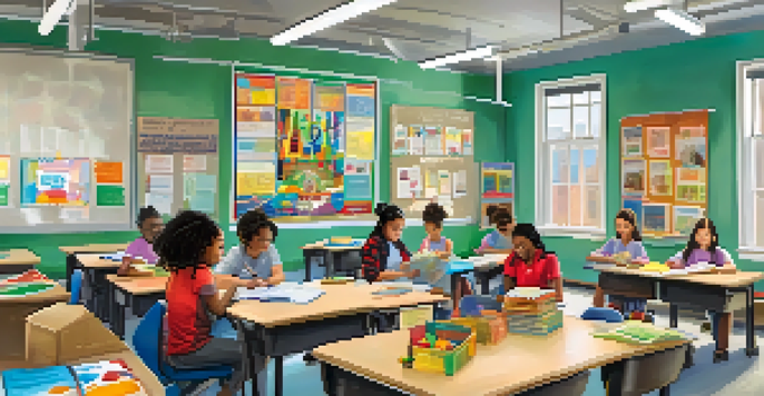 A diverse group of students working together in an inclusive classroom, with a teacher facilitating their group activity.