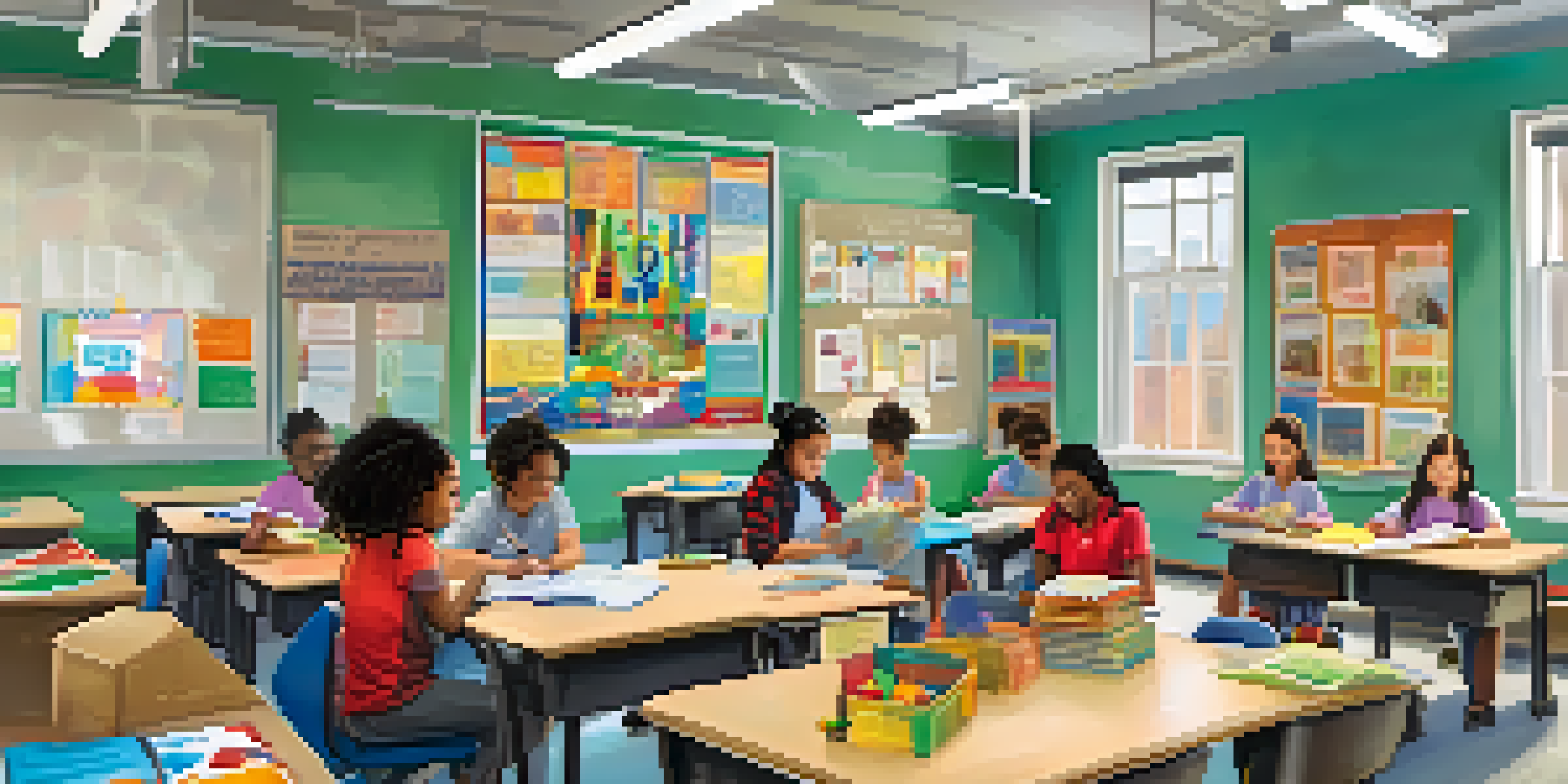 A diverse group of students working together in an inclusive classroom, with a teacher facilitating their group activity.