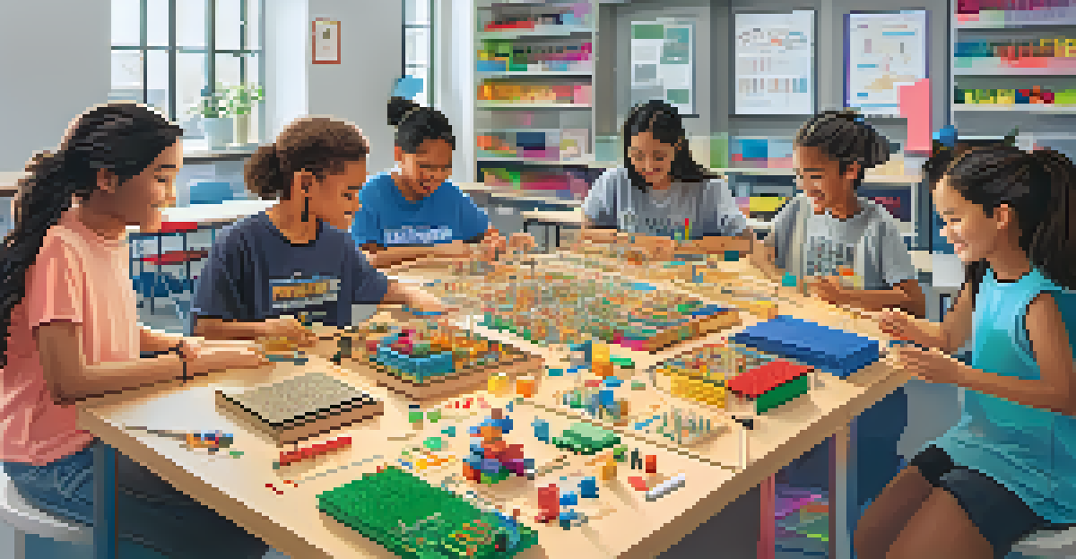 Students collaborating in a workshop to build an AI model using colorful blocks and electronic components, highlighting teamwork in a STEM setting.