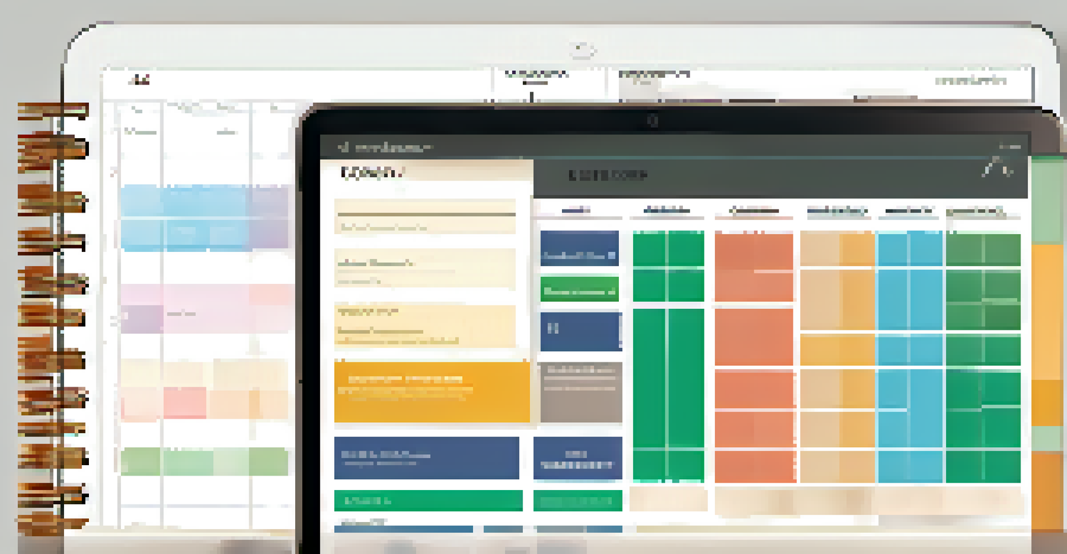 A digital planner on a tablet displaying a well-organized schedule with color-coded tasks, surrounded by study materials.