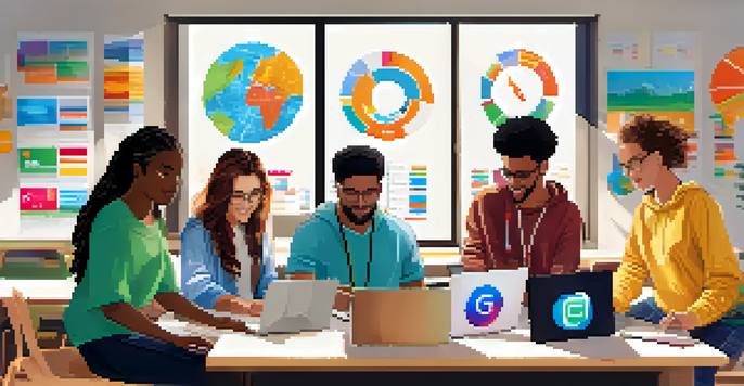 A diverse group of students working together on a digital marketing project for a nonprofit, surrounded by laptops and colorful graphics.