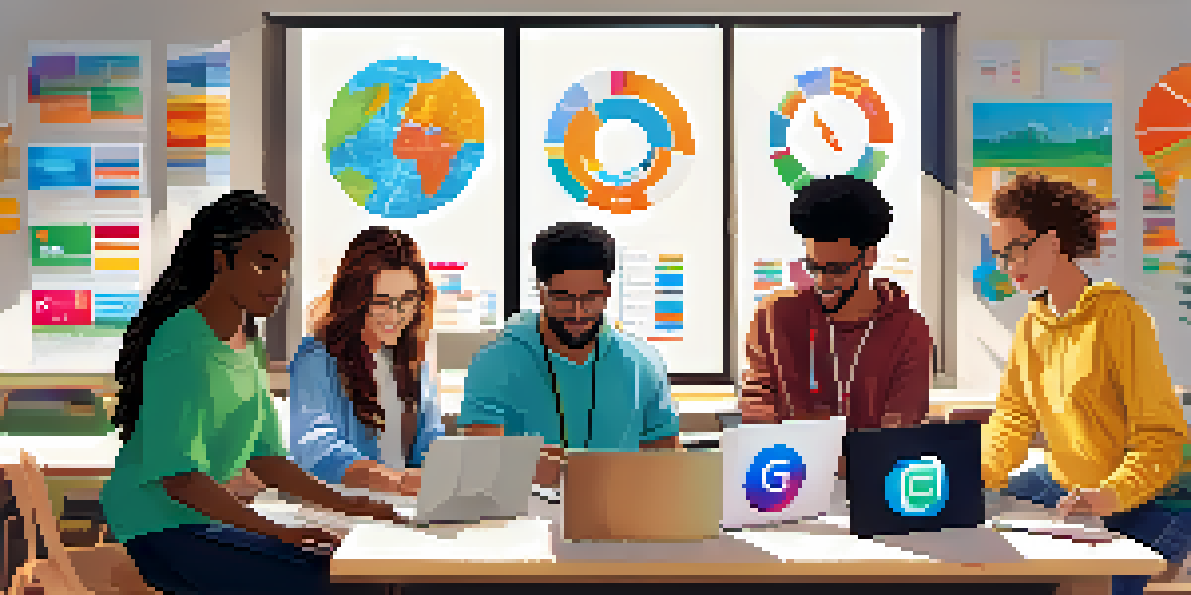 A diverse group of students working together on a digital marketing project for a nonprofit, surrounded by laptops and colorful graphics.