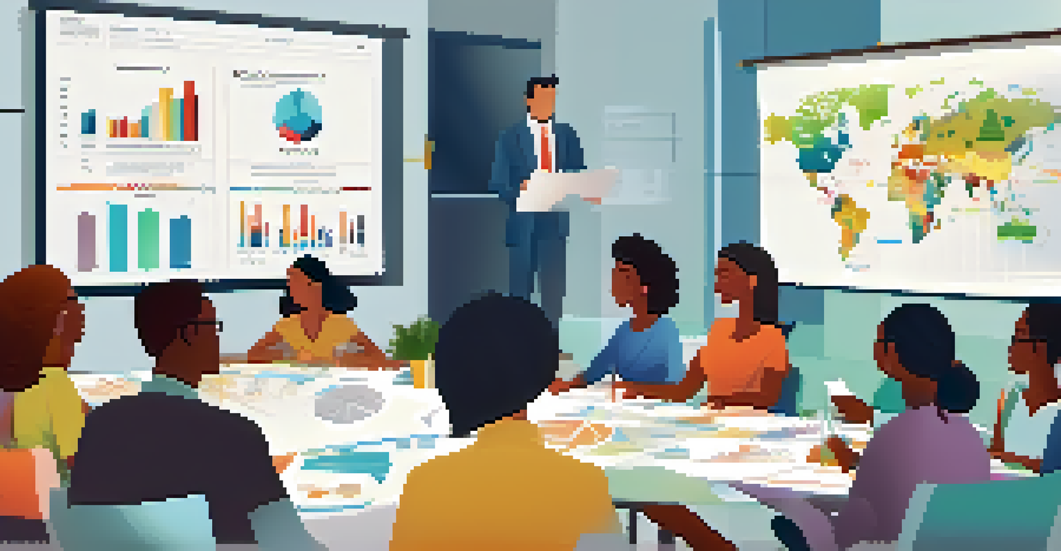 A diverse group of people discussing a presentation with an infographic projected on a wall, showing active engagement.