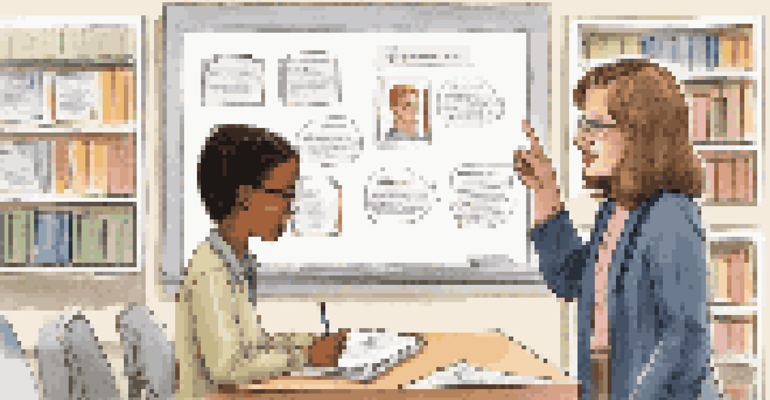 A teacher giving constructive feedback to a student after a project presentation in a well-equipped classroom.