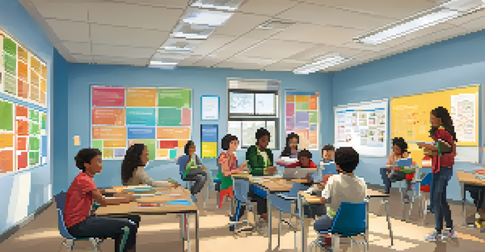 A diverse classroom where students with different abilities work together, using technology and engaging in a group activity.