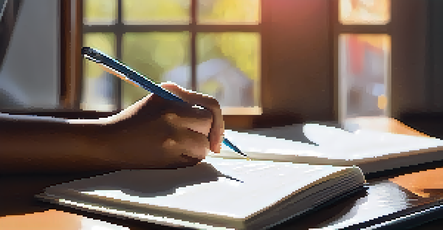 Close-up of a student's hands writing goals in a notebook, with a cozy study space and motivational quotes in the background.