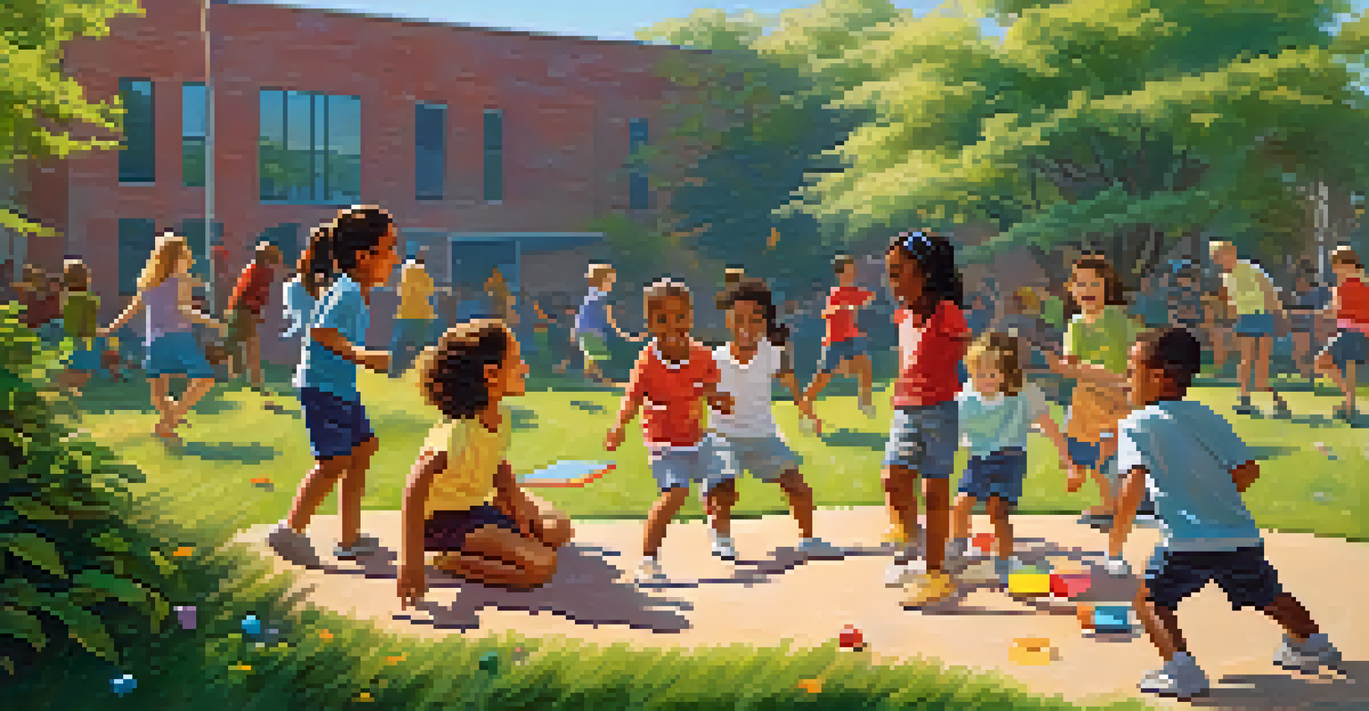 Students enjoying a playful team-building game outdoors, surrounded by nature and greenery, under a blue sky.