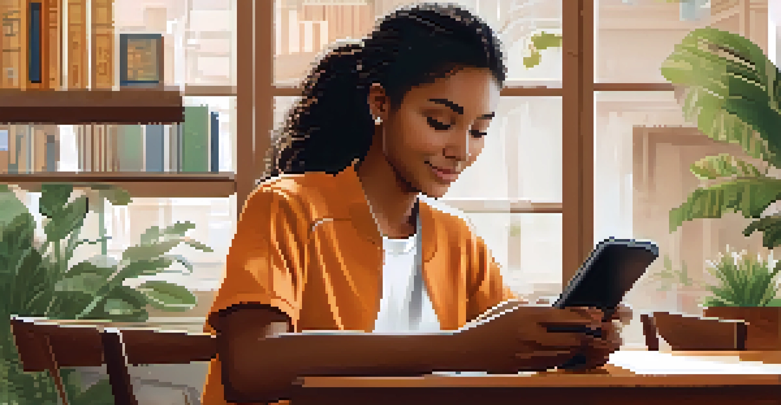 A student in a café engaged in bite-sized learning on a smartphone, surrounded by books and a coffee cup.