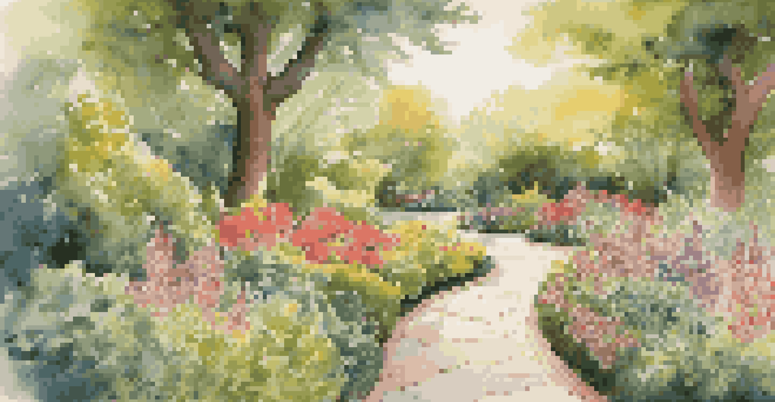 A winding path in a vibrant garden, marked with educational milestones and colorful flowers, representing a learning journey.