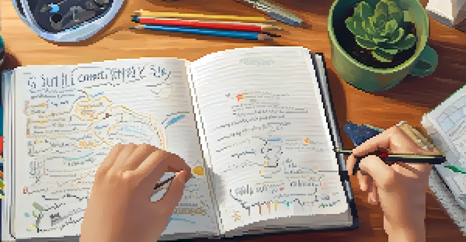 A close-up view of a student's hands writing in a decorated journal, with motivational quotes, in a cozy study space filled with books and a lamp.