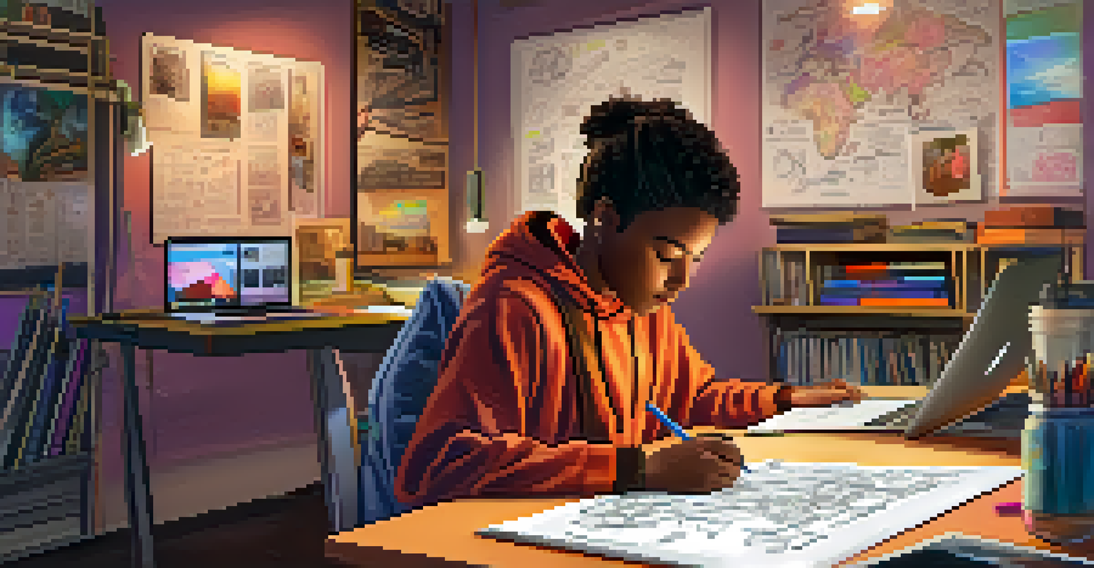 A student deeply engaged in creating a digital story on a tablet, surrounded by notes, art supplies, and a laptop in a colorful and creative workspace.