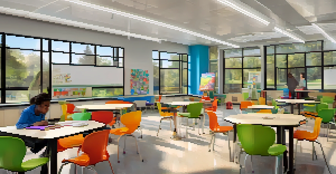 A modern classroom with movable furniture and students working together in a bright, collaborative environment.