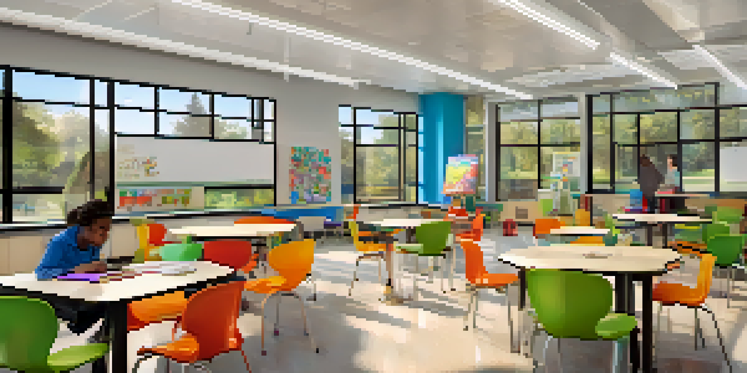 A modern classroom with movable furniture and students working together in a bright, collaborative environment.