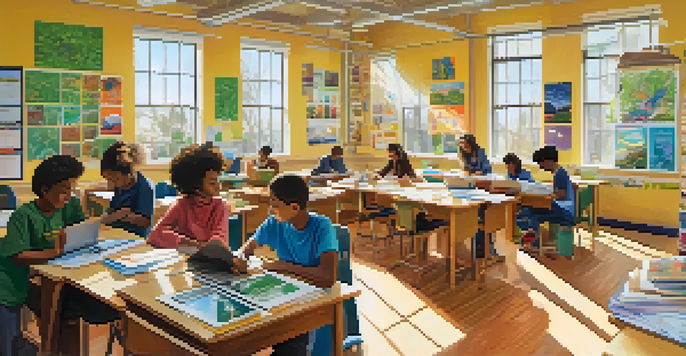 A diverse group of students working together in a bright classroom on an environmental project, surrounded by posters and natural light.
