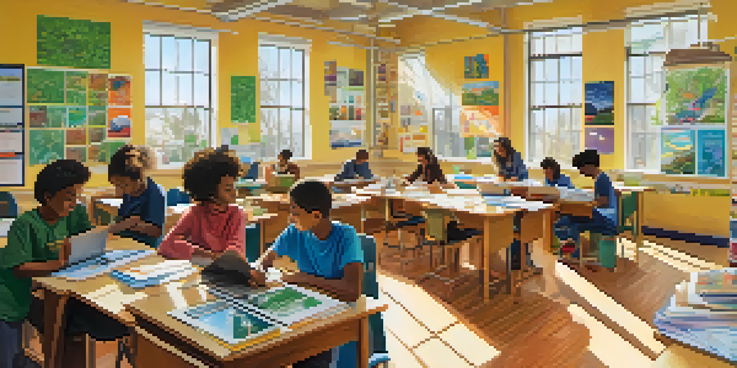 A diverse group of students working together in a bright classroom on an environmental project, surrounded by posters and natural light.
