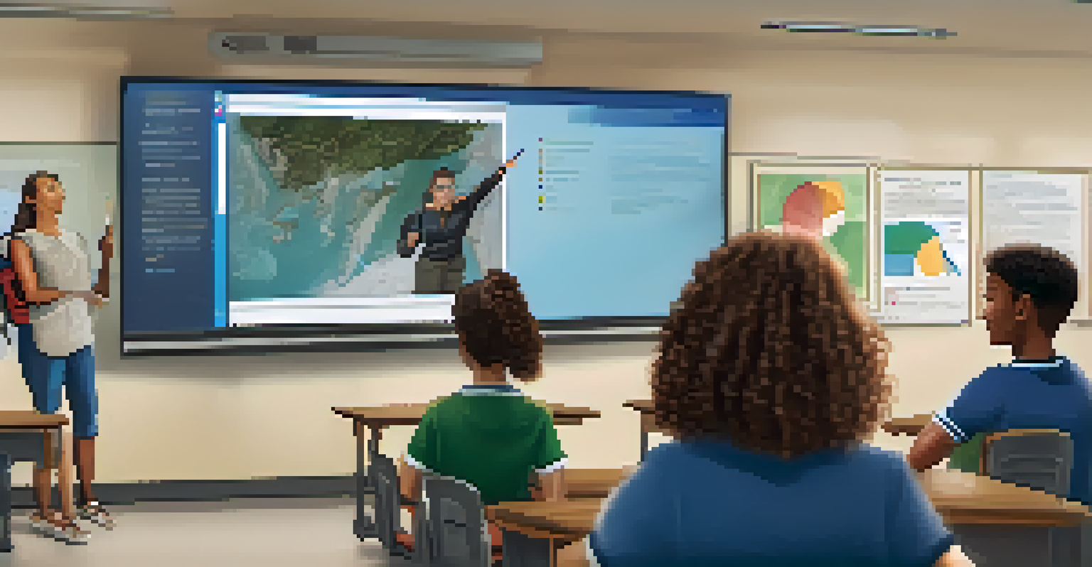A teacher engaging with students in a blended learning setting, highlighting interaction and support with a digital screen in the background.