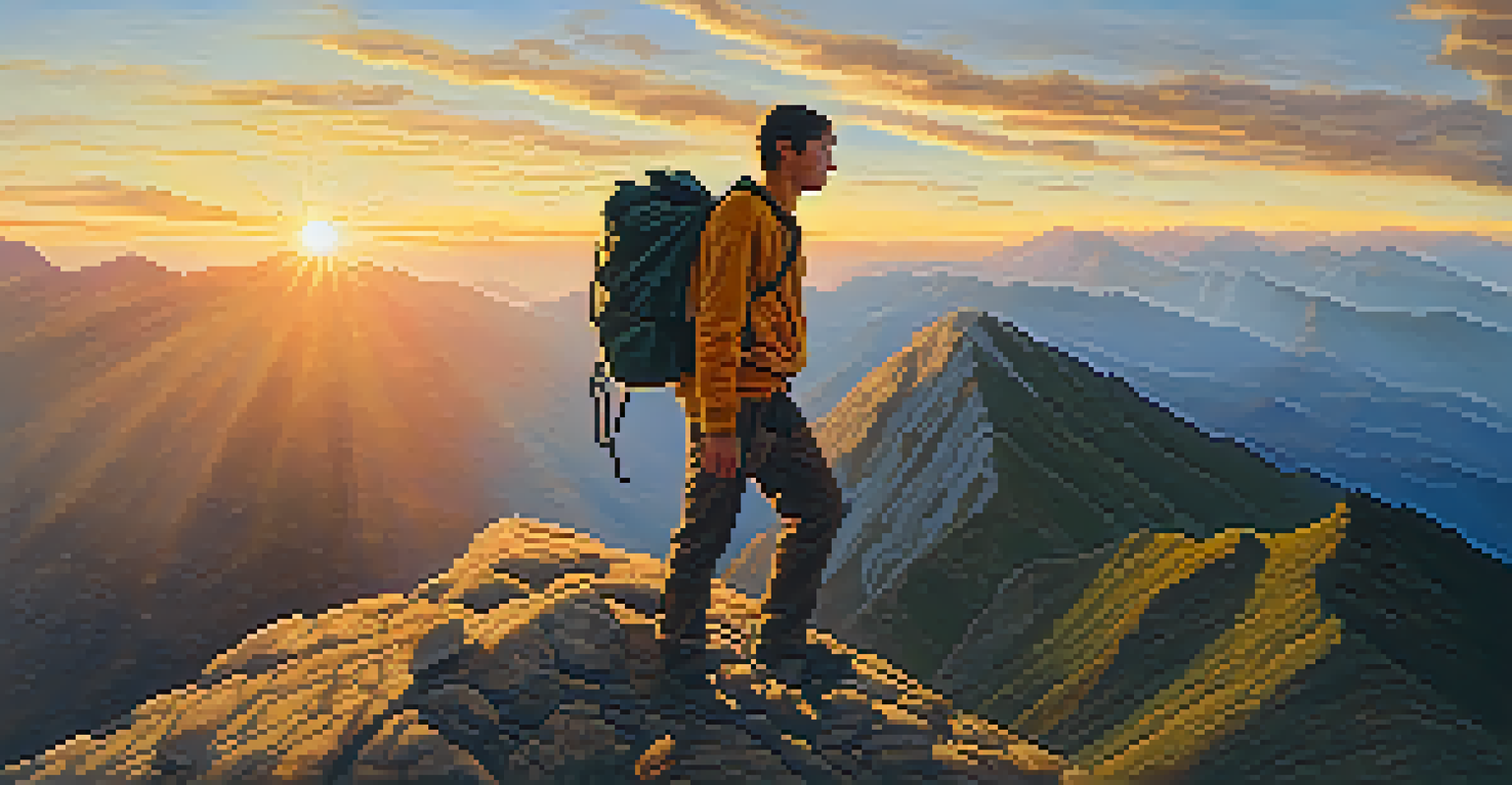 A young adult climbing a mountain at sunset, symbolizing resilience and overcoming challenges.