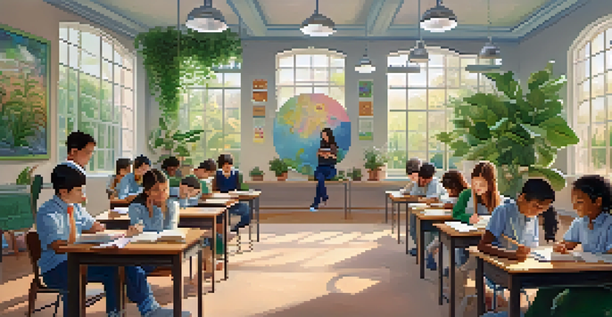 A calming classroom environment with students practicing breathing exercises, surrounded by plants and natural light.