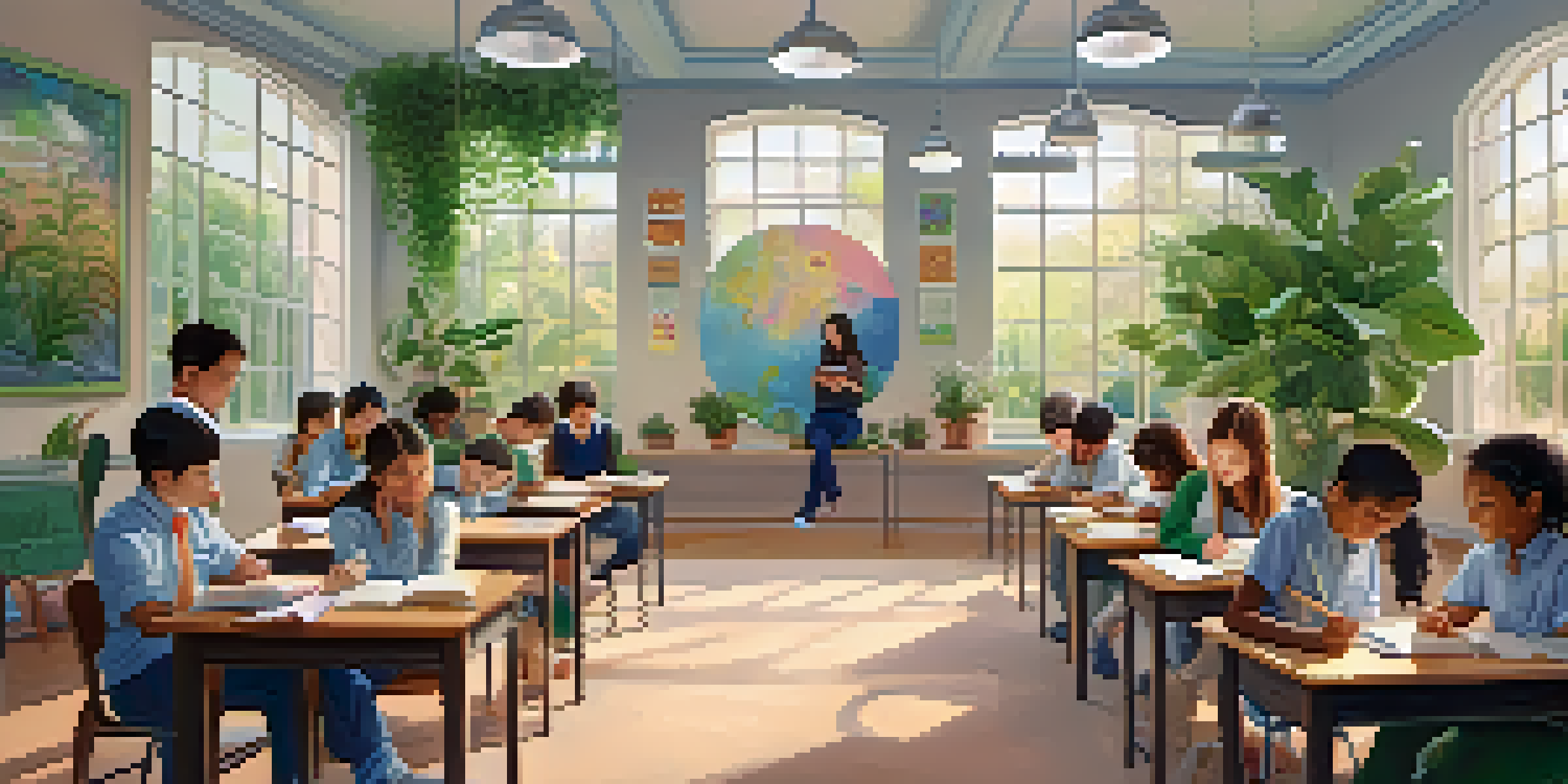 A calming classroom environment with students practicing breathing exercises, surrounded by plants and natural light.