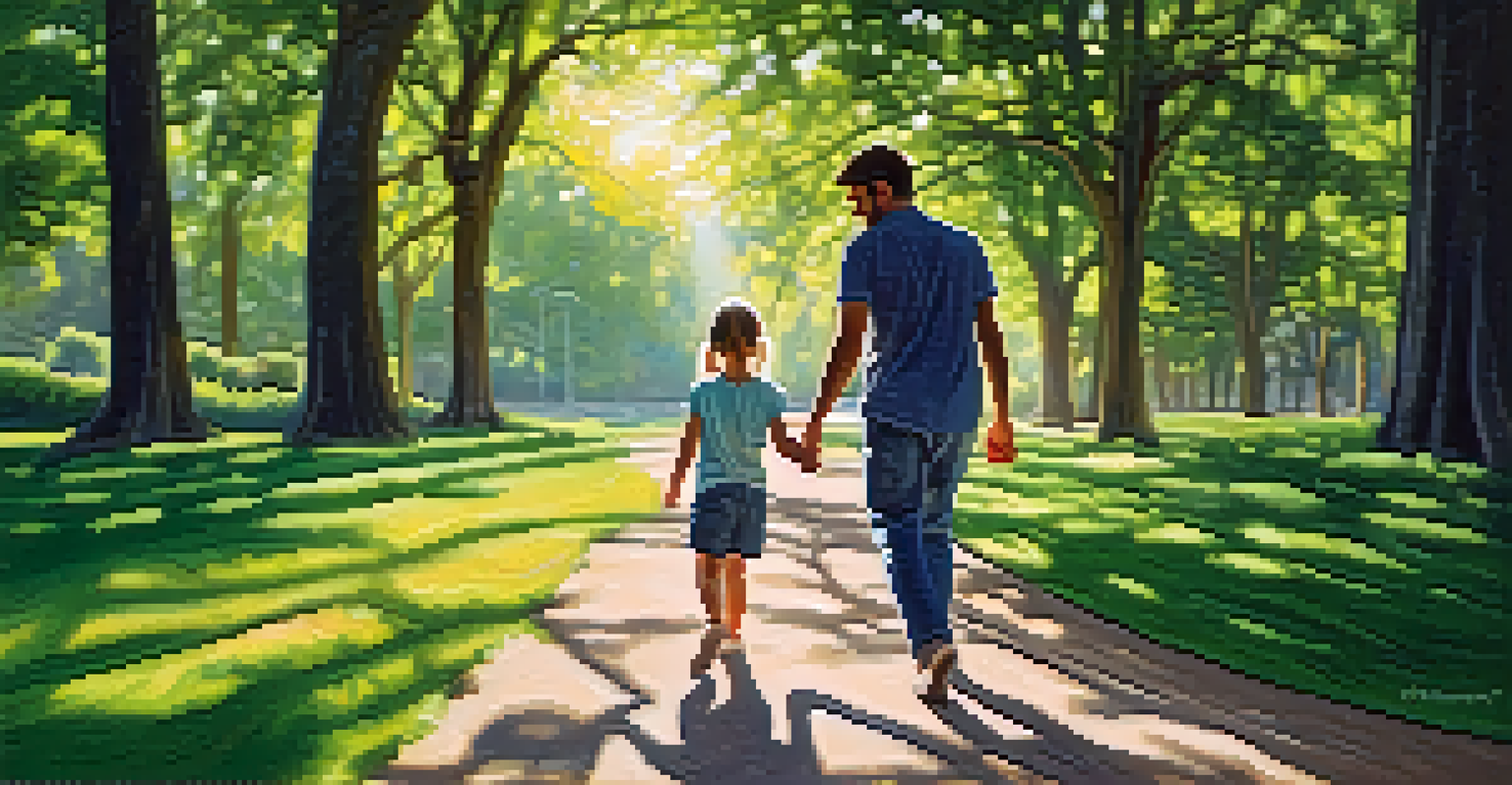 A parent and child enjoying a mindful nature walk in a park, with sunlight filtering through the trees and a joyful atmosphere.