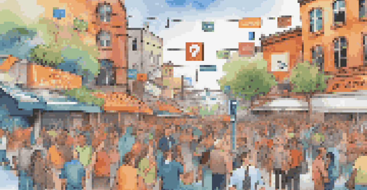 A bustling marketplace scene representing professionals exchanging ideas on social media.