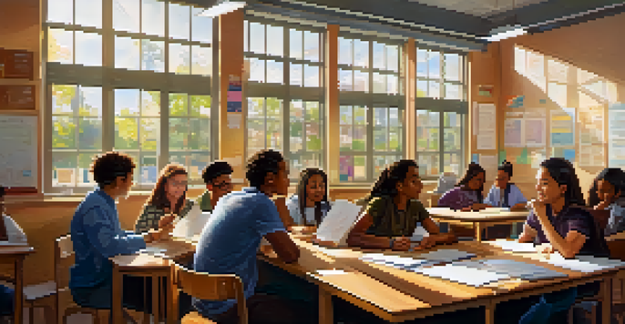 A classroom filled with diverse students discussing local business case studies, with sunlight illuminating the space.