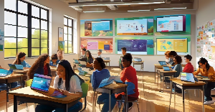 A vibrant classroom filled with diverse students using tablets and digital screens, with sunlight coming through large windows and motivational posters on the walls.