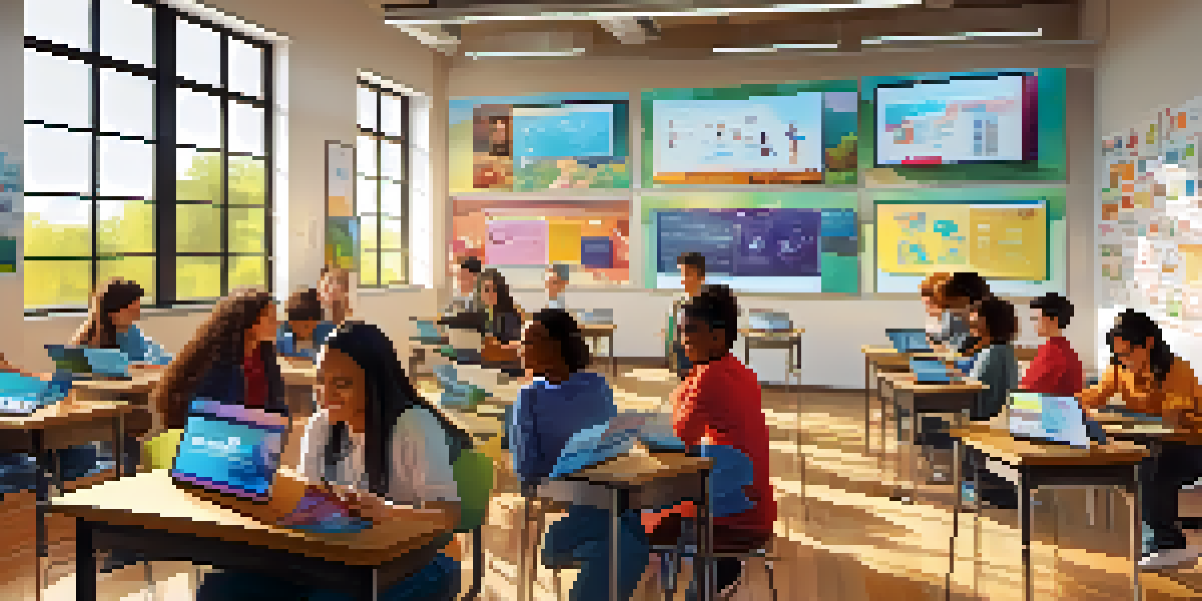 A vibrant classroom filled with diverse students using tablets and digital screens, with sunlight coming through large windows and motivational posters on the walls.