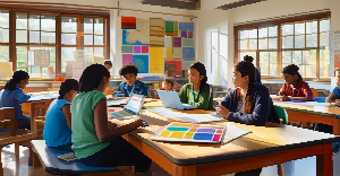 A bright and inviting classroom with students working together, engaging in collaborative learning around a table filled with educational materials.