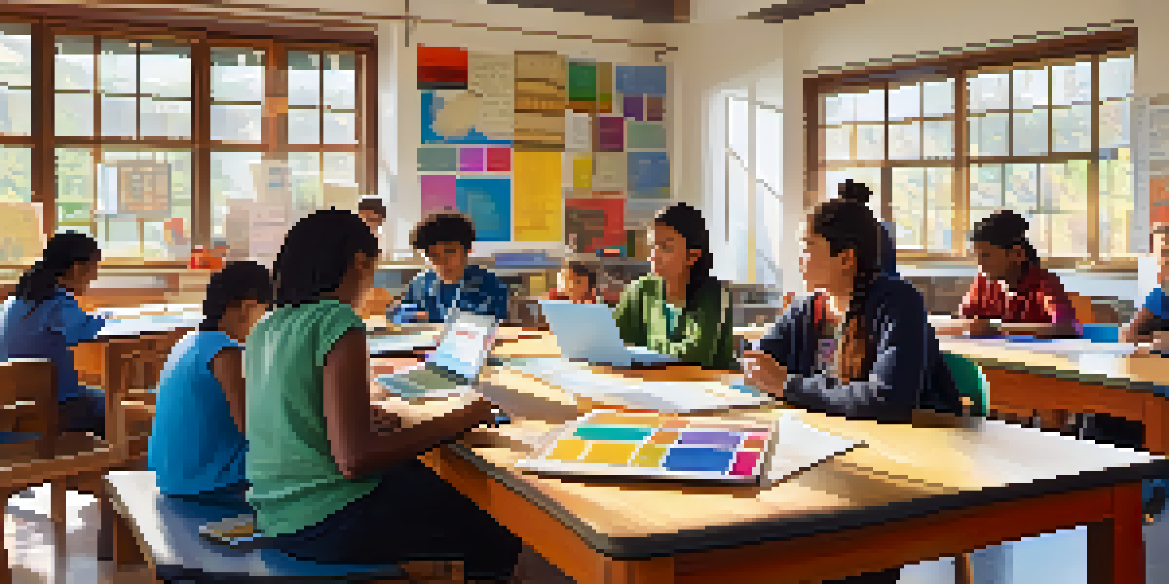 A bright and inviting classroom with students working together, engaging in collaborative learning around a table filled with educational materials.