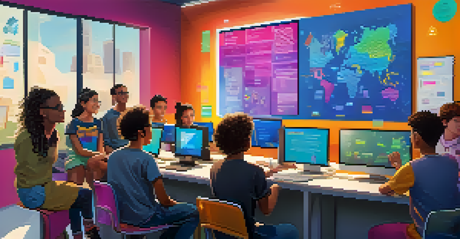 Students collaborating excitedly around a computer to design their own app, with colorful graphics and a modern classroom setting.