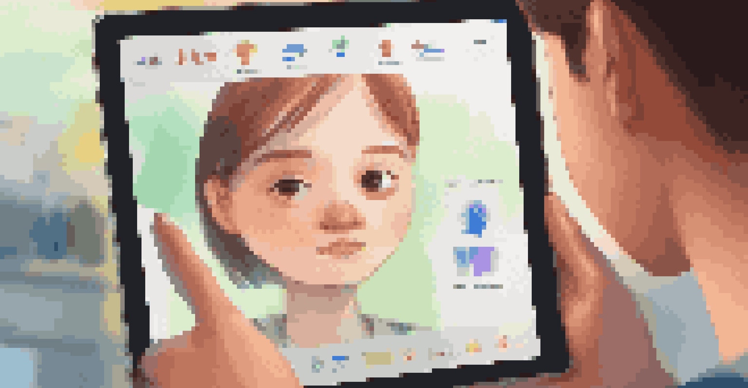 A close-up of a curious student interacting with an AI learning application on a tablet, displaying colorful graphics in a softly blurred background.