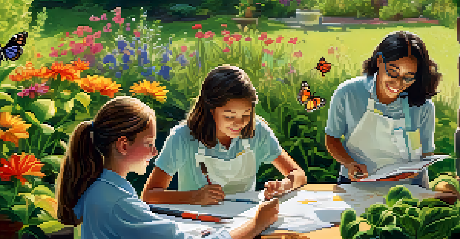 Students engaged in a science experiment outdoors, observing nature and taking notes, highlighting inquiry-based learning in a natural setting.