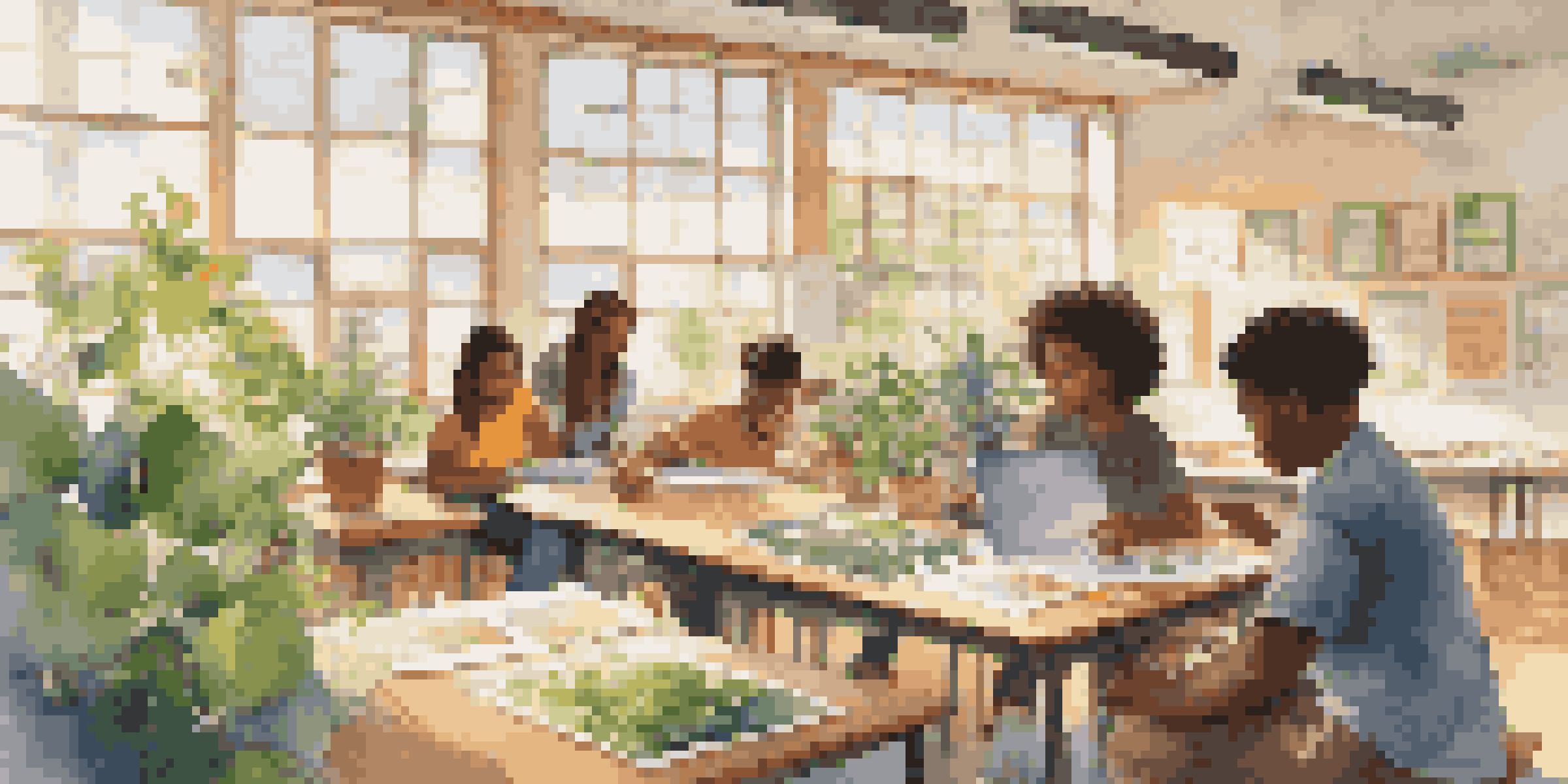 A group of diverse students working together on an environmental project in a bright classroom, surrounded by plants and educational materials.