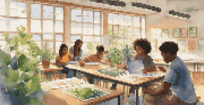A group of diverse students working together on an environmental project in a bright classroom, surrounded by plants and educational materials.