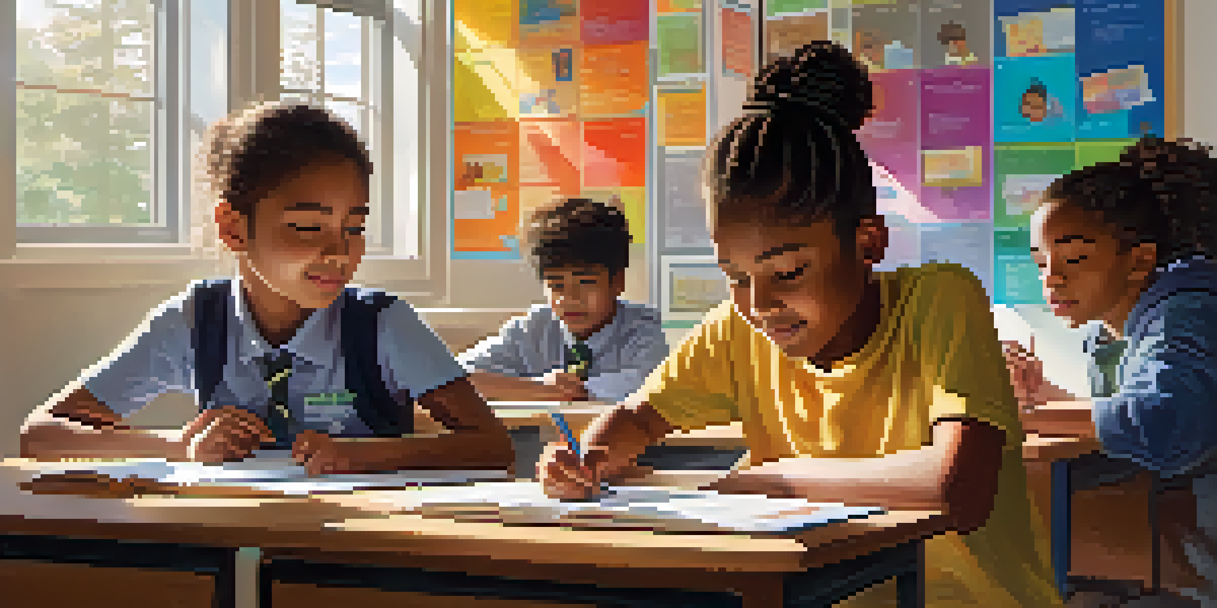 A bright classroom filled with diverse students actively participating in learning, with sunlight illuminating their focused expressions.