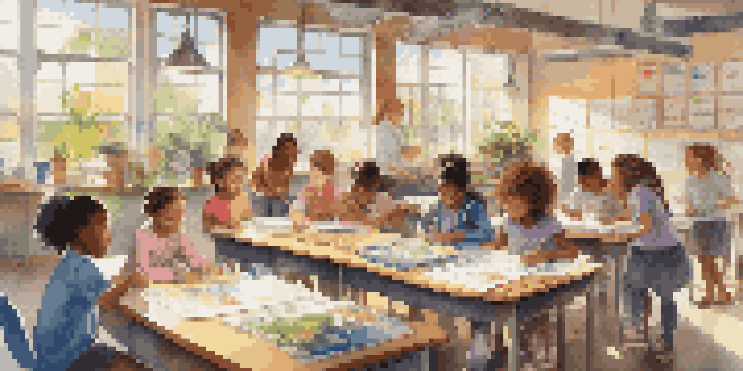 A classroom with diverse students working together on a science project, surrounded by colorful materials and sunlight.