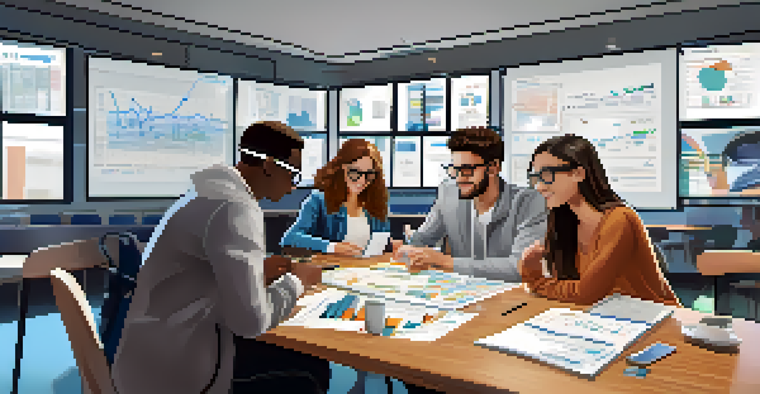 Students collaborating with augmented reality glasses to draft a financial plan, with a virtual chart visible above the table.