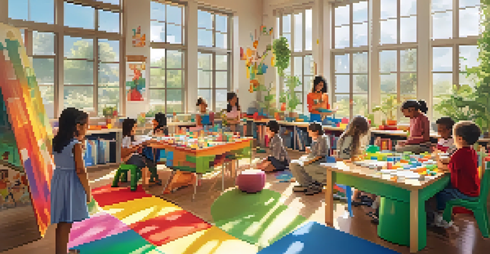 A lively classroom with children playing, building with blocks, reading, and working on art projects, illuminated by sunlight.