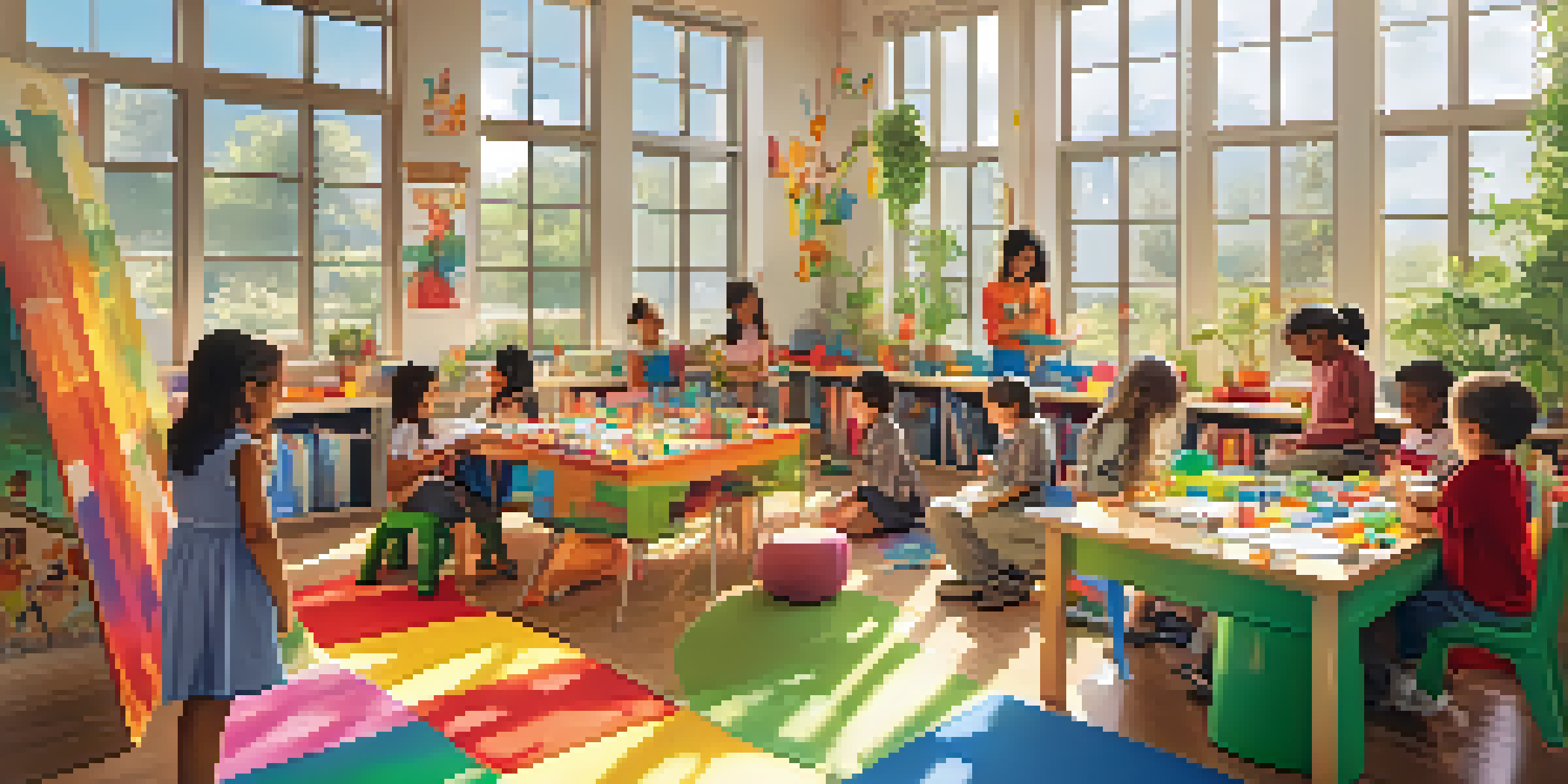 A lively classroom with children playing, building with blocks, reading, and working on art projects, illuminated by sunlight.
