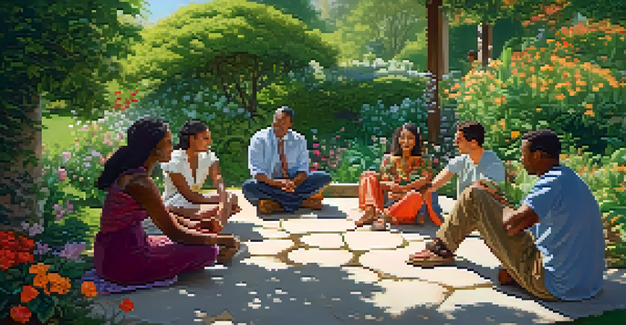 A diverse group of people engaged in discussion in a beautiful garden filled with flowers and greenery.
